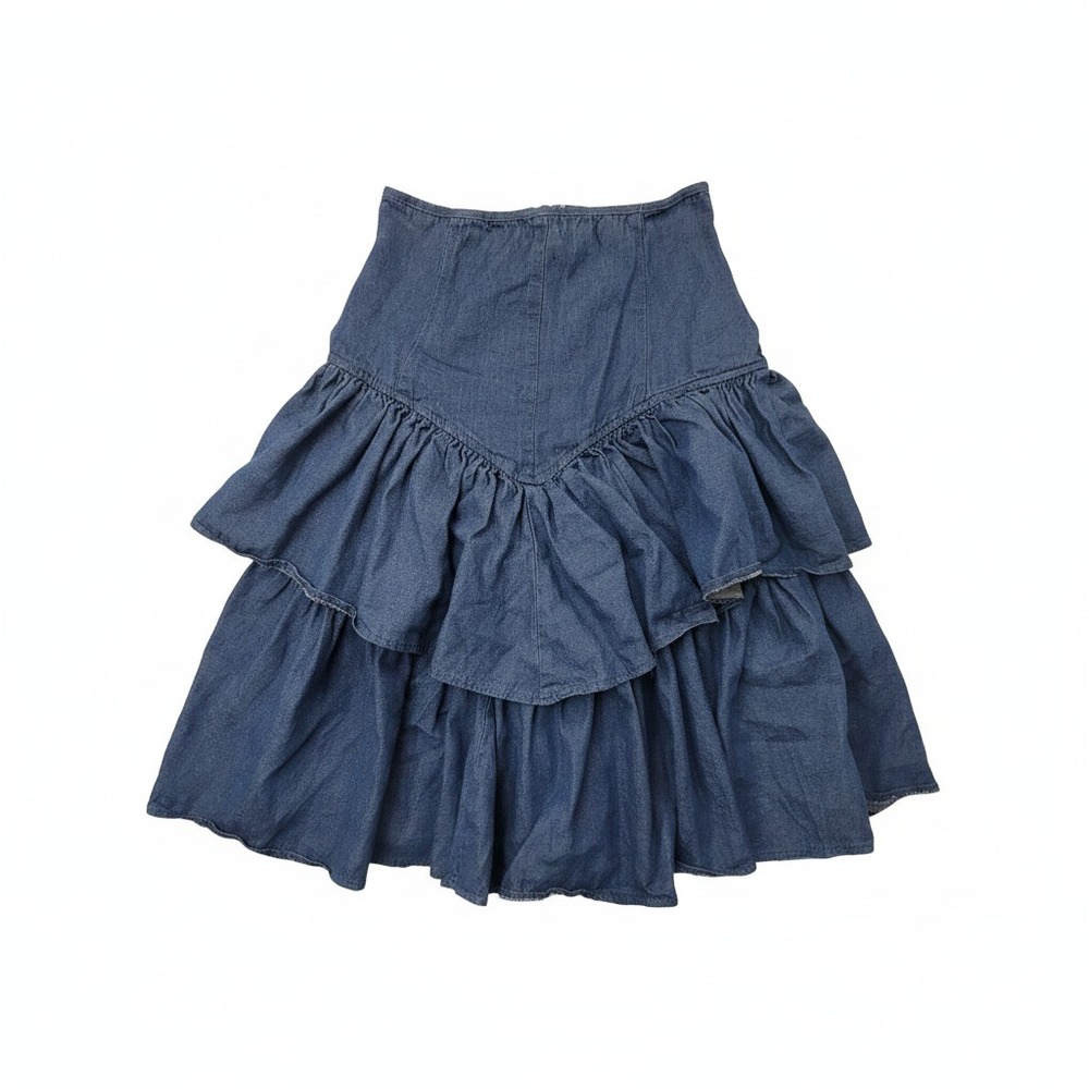 Circle T Denim Skirt Womens 9/10 Tiered Ruffle Western Boho Basque Waist 80s USA